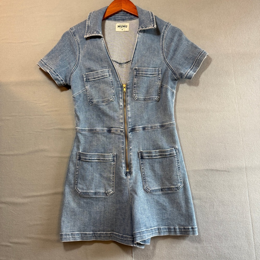 Show Me Your Mumu Womens Medium Wash Denim Zip Front Short Sleeve Romper Size M